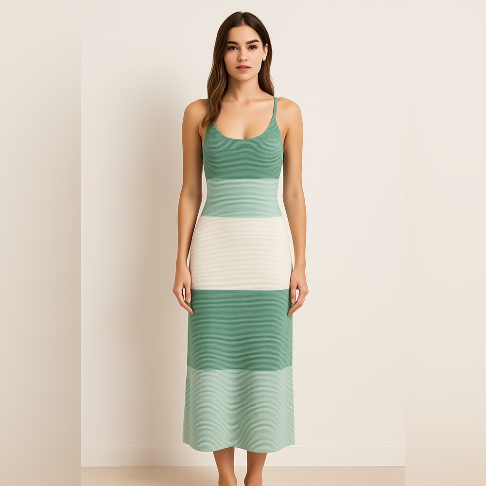 Striped Green and Cream Midi Dress